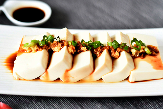 Steamed Tofu with Garlic Sesame Soy Sauce